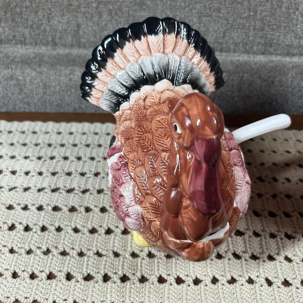 Vtg 1990s Turkey Glazed Ceramic Gravy Boat Tureen Lid & Ladle Thanksgiving 1 Qt